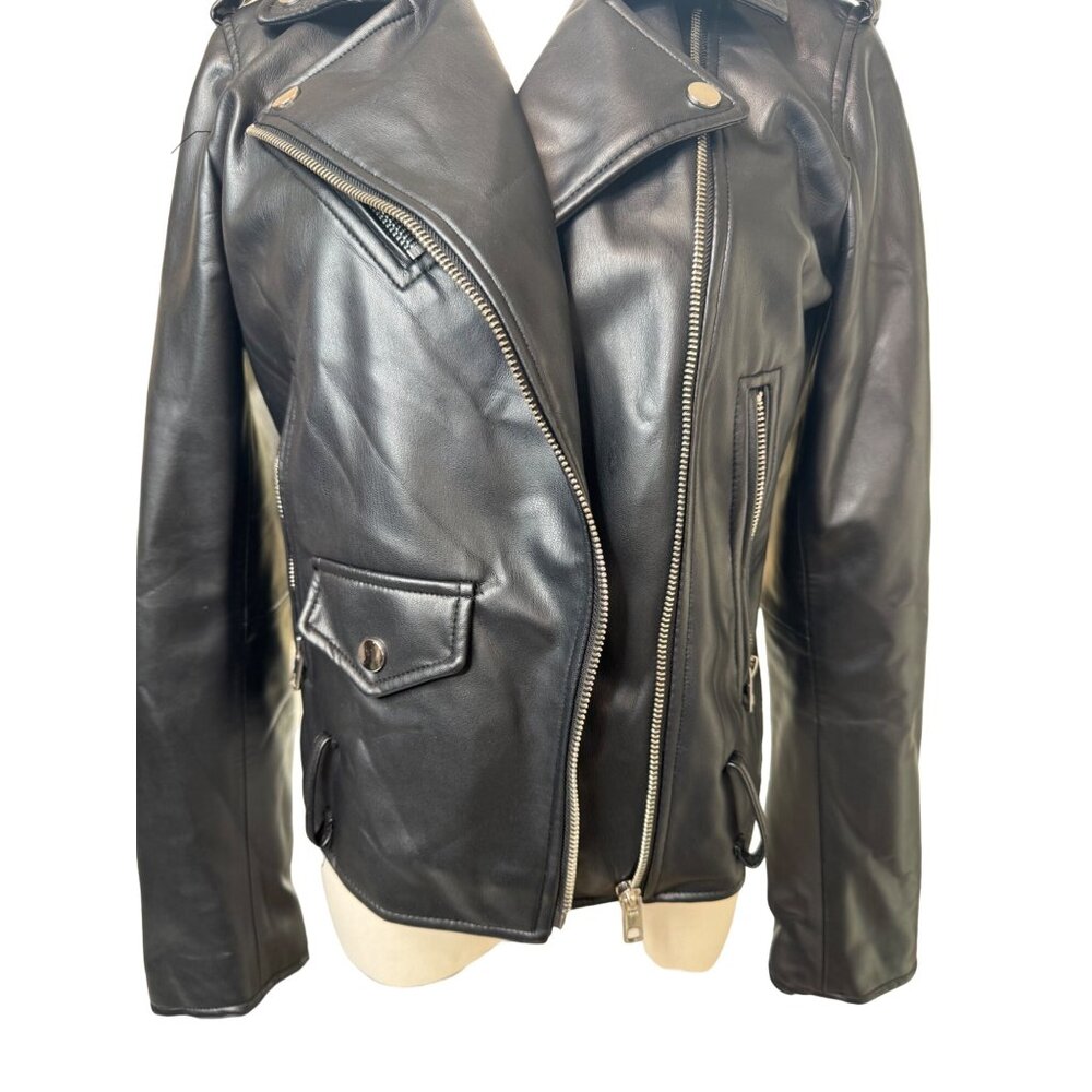 NWOT ZARA M Black Faux Leather Biker Jacket Zipper Details & Epaulettes - Picture 13 of 14